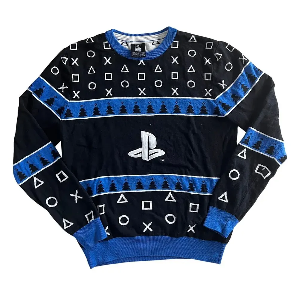 PlayStation Holiday Sweater Black Blue Gamer Ugly Christmas Jumper Men’s M